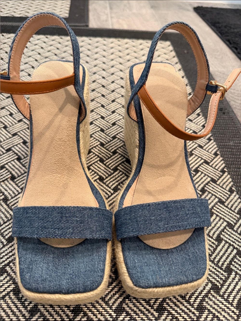 New York & Company Blue Denim Espadrille Wedge Sandals with Tan Ankle Straps